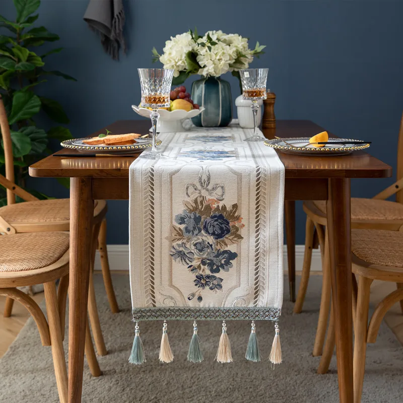 High End European Floral Table Flag Chenille Tassel Home Tablecloth Polyester Desktop Decoration Home Textile Supplies