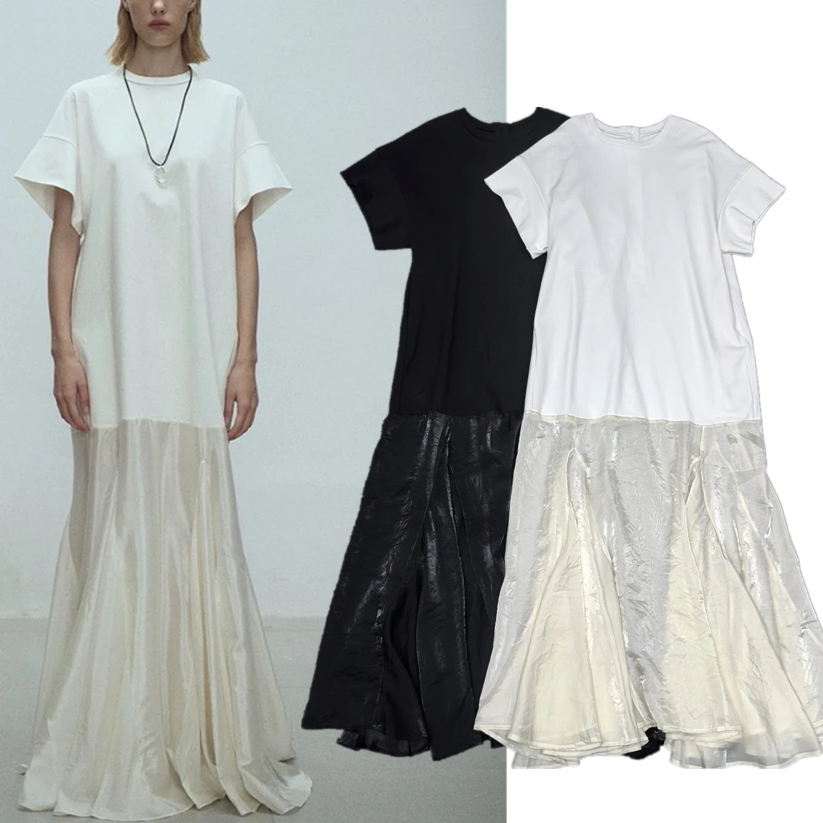 

Maxdutti Summer Dress Women Nordic Minimalist Solid Color Loose Long Design Splicing Fishtail Short-sleeved Party Dress Women