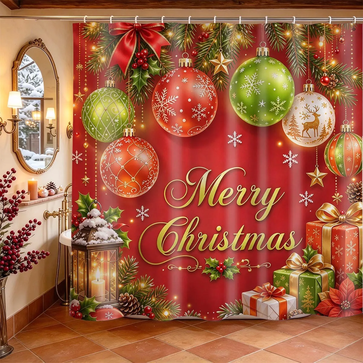 Merry Christmas Shower Curtain Santa Claus Highland Cattle Bauble Print Curtain Waterproof Durable for Bathroom Home Decor Gift