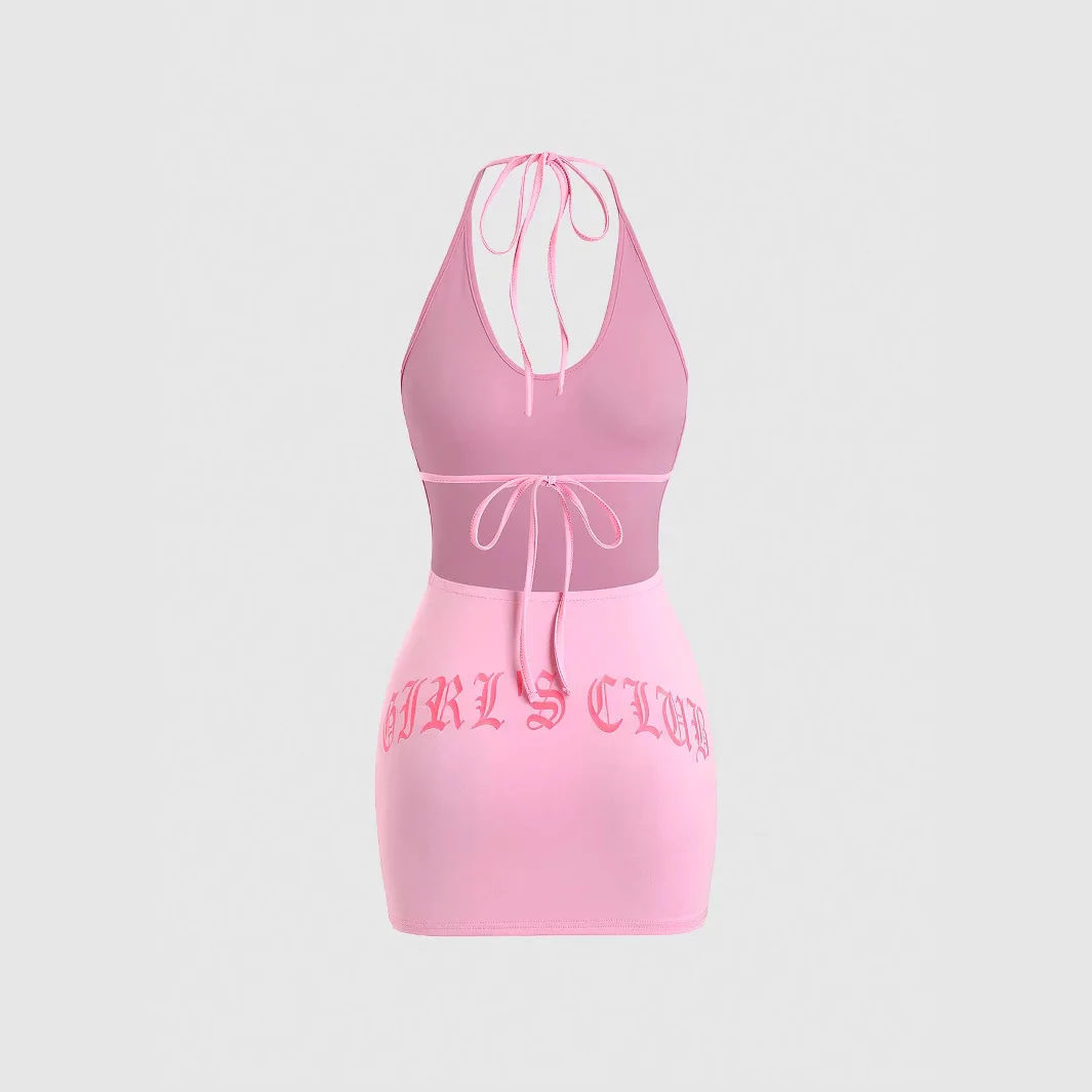 American-Style Sexy Summer New Sleeveless Halter Lace-up Letter Printing Stylish Sexy Big Backless Dress for Women Yabi retro st