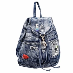 New in Fashion Denim Women Casual Backpack Large Capacity Jeans Shoulder Bag with Diamond Dec Female Backpacks