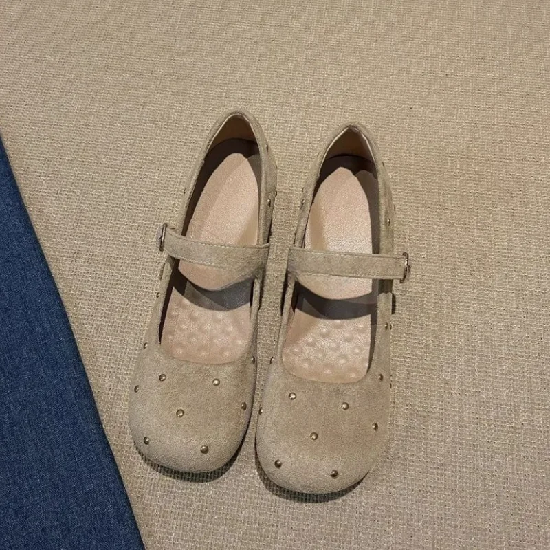 Sepatu Wanita Model Mary Jane Desain Rivet Berhias Batu Rhinestone, Ujung Runcing, Hak Rendah, Sepatu Desainer Mewah