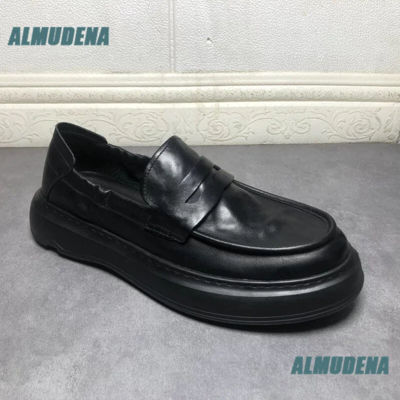 Men's Black Leather Loafers Slip-On 2-Way Wear Backless Thick Platform Sole Soft Leather Business Casual Shoe Autumn Men's Shoes