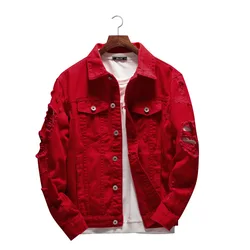 Veste en Jean pour Homme, Slim Fit, en Coton, Denim, Rouge, Blanc, Noir, Déchiré, Troué, Combinaison Jean, Grande Taille, Streetwear, Nouvelle Collection