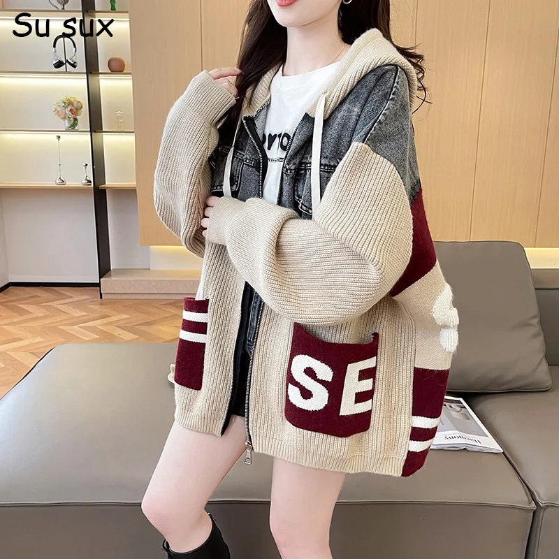 سترة بقلنسوة من قماش الدنيم المحبوك غير الرسمي معطف نسائي ياباني كوري أنيق بسحّاب ملابس علوية كبيرة الحجم ملابس خروج فيستدوس #1