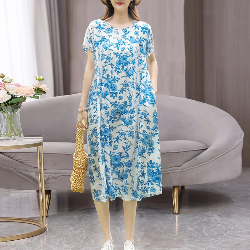 

New Hot Casual 2024 Vintage Summer Dress Plus Size Dresses Vestido Print Natural Regular Short Sleeve O-neck Women Clothing