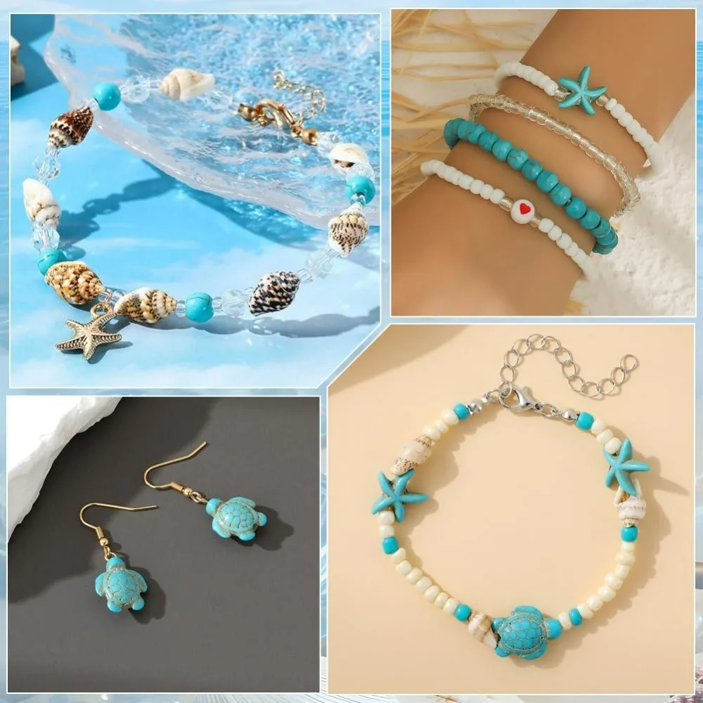 1박스 1080개 해양 비즈 키트 하와이 여름 바다 동물 비즈 거북이 불가사리 가리비 물고기 블루 글라스 터쿼이즈 스페이서