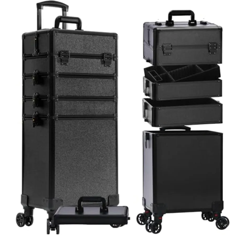 Professional Rolling Makeup Train Case with Lid 5 in 1 Cosmetology Case on Wheels Large Cosmetic Trolley Organizer Travel for H