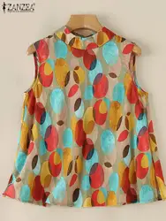 ZANZEA Women Colorful Dots Tank Tops Fashion Summer Holiday Vests Casual Loose Stand Collar Tops 2024 Vintage Pleating Tunics