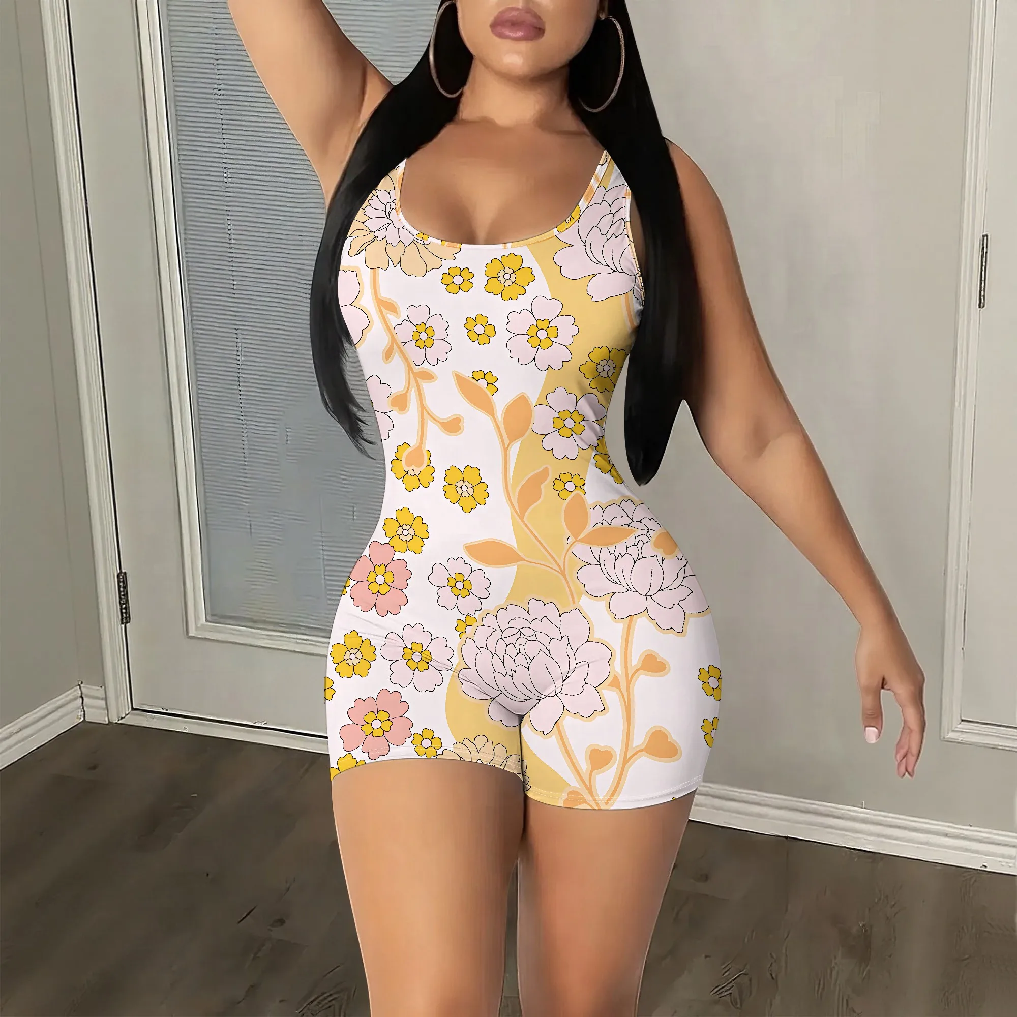 

Floral Romper, Sleeveless Jumpsuit, Yellow Print Playsuit, Short Bodycon Outfit, Summer Beach Party Wear, S-2XL