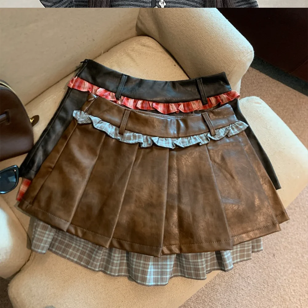 Women's Brown Black Gothic A-Line PU Leather Mini Skirt Y2K Harajuku High Street Cute 90S Sexy Short Skirt Fashionable Clothing