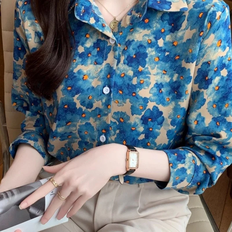 Elegant Women's Luxury Blouses Fashion Single-Breasted Full Sleeve Printed Shirts Loose Tops Chic Woman Blouse