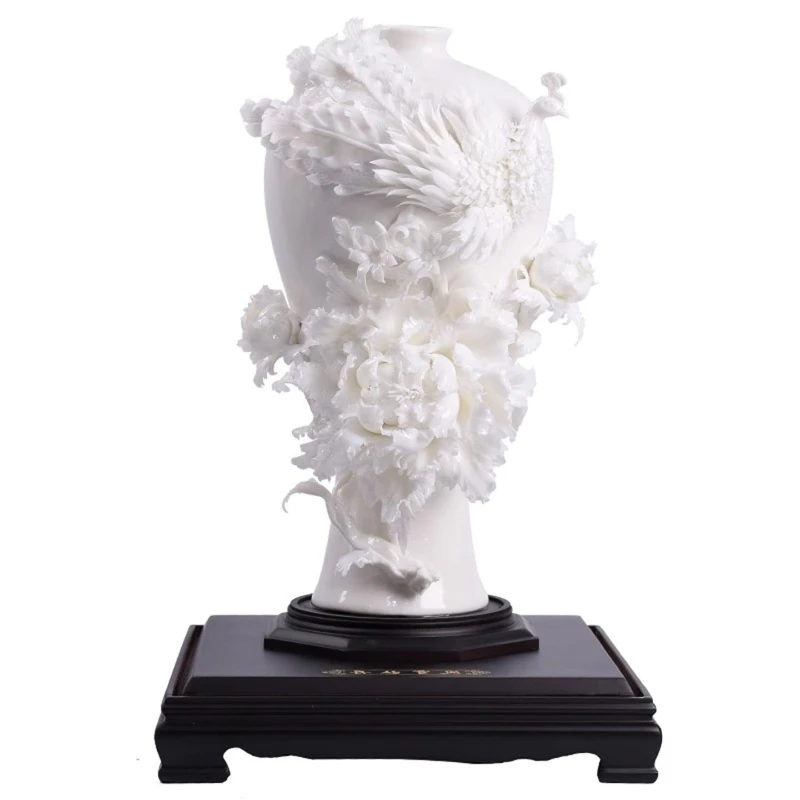 

White porcelain high-end vase, phoenix wear peony porcelain flower art ornament, high-end gifts for decoration