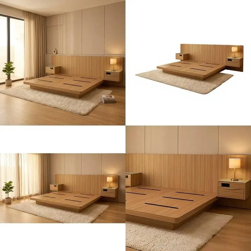 Japanese Style Wooden Bed Frame with Integrated Floating Nightstand Simple Design for Hotel Apartment