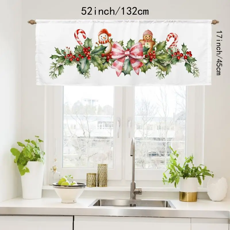 VIKAMA Christmas Kitchen Window Valance Watercolor Holly Snowman Gingerbread Xmas Tree for Home Holiday Window Decor