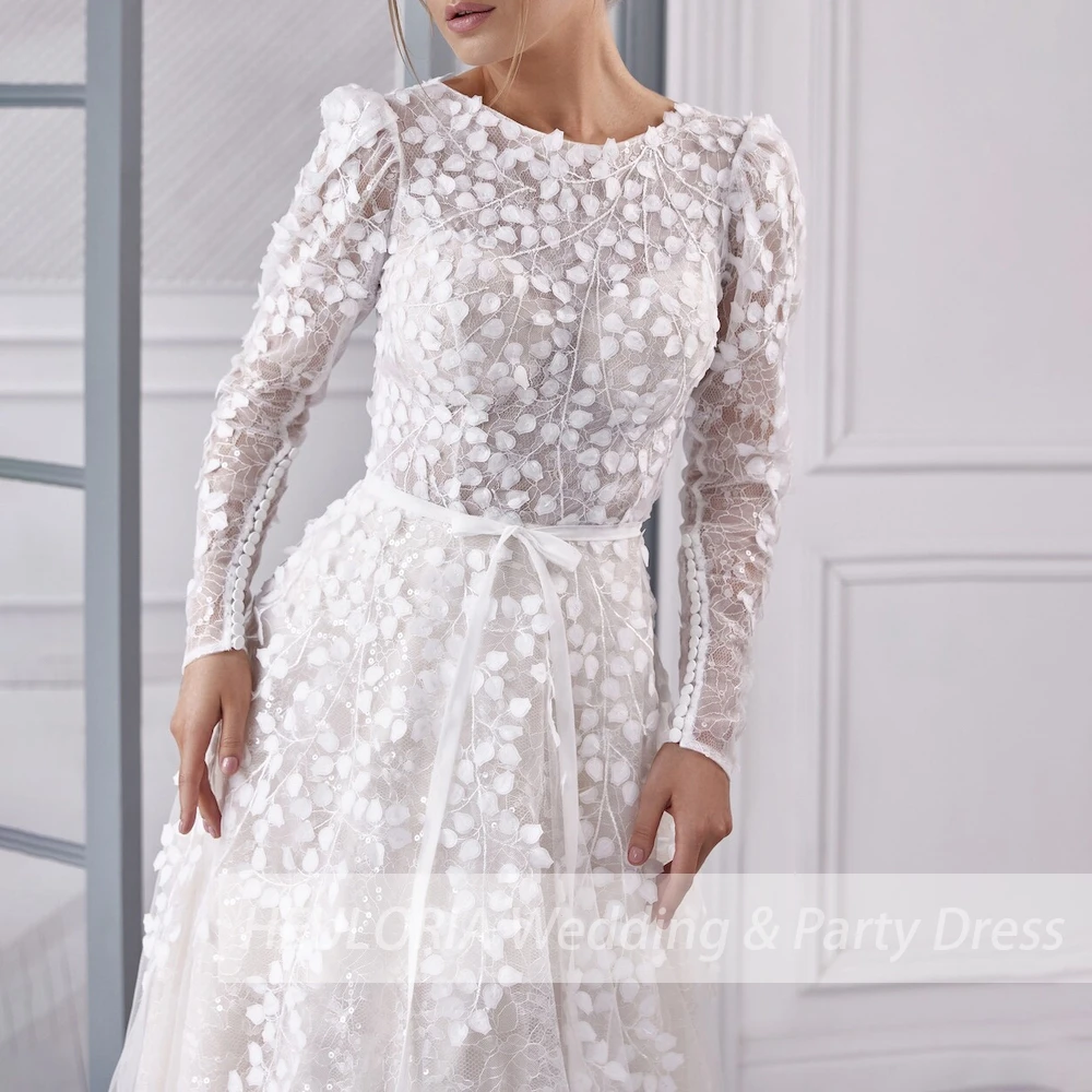 Vestido de novia de manga larga con cuello redondo, elegante vestido de novia de encaje brillante con flores 3D, talla grande