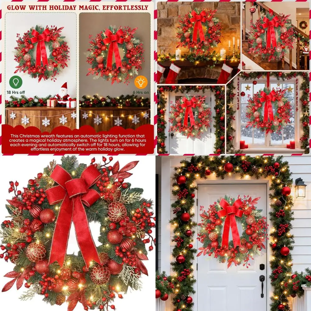 

24 Christmas Wreath with Pine, Red Berries, Ornaments, Bow & 50 LEDs for Door, Indoor/Outdoor Decor