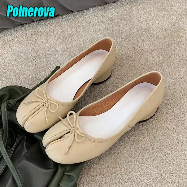 

Split Toe Shoes Ballet Flats Bow Tie Genuine Leather Mary Janes Shoes Med Heel Slip On Pumps Designer Brand Casual Tabi Shoes