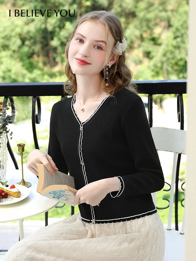 I BELIEVE YOU Sweaters for Women 2025 Autumn Winter Pullovers Fungus Lace Spliced Long-sleeve V-Neck Basics Knitwears 2243145897 2