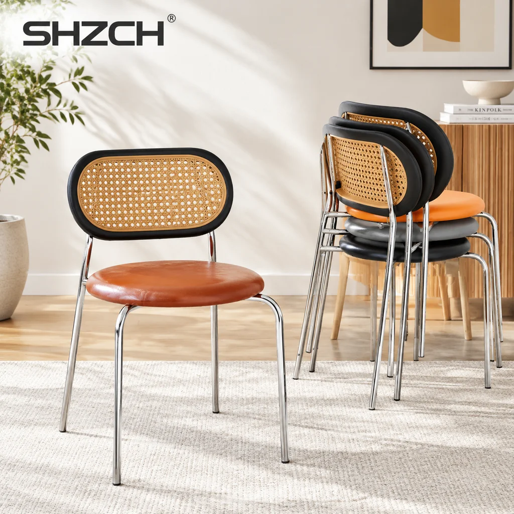 Nordic Vintage Dining Chair, Breathable Plastic Woven Back, Retro Kitchen Chairs for Home, Stackable Restaurant Hotel Furniture