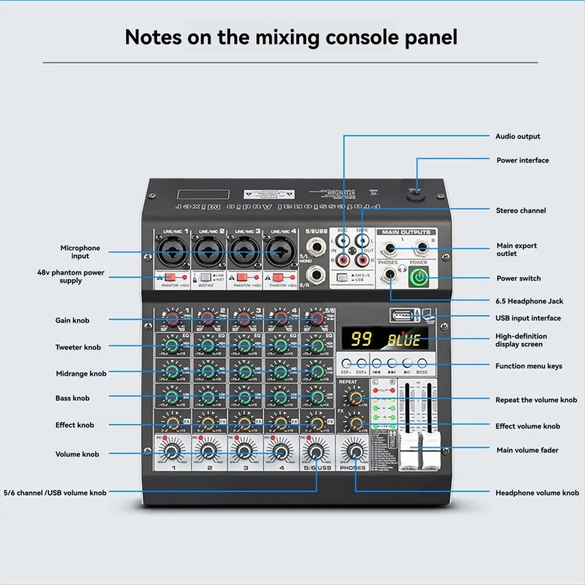 

Punctual- NA4 99 DSP Effects Audio Mixer Multi-Channel Recording PC 48V Phantom Power Bluetooth