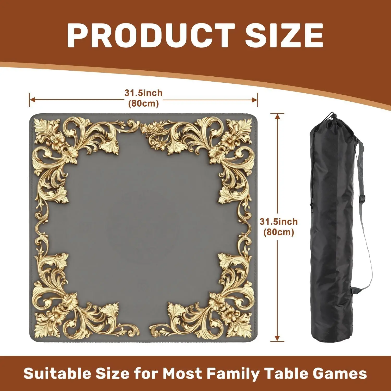 Neoprene Luxury 3mm Mahjong Table Cover 31.5 Inch Golden Baroque Ornate Swirl Frame Non-slip Noise Reduction for Mahjong Games