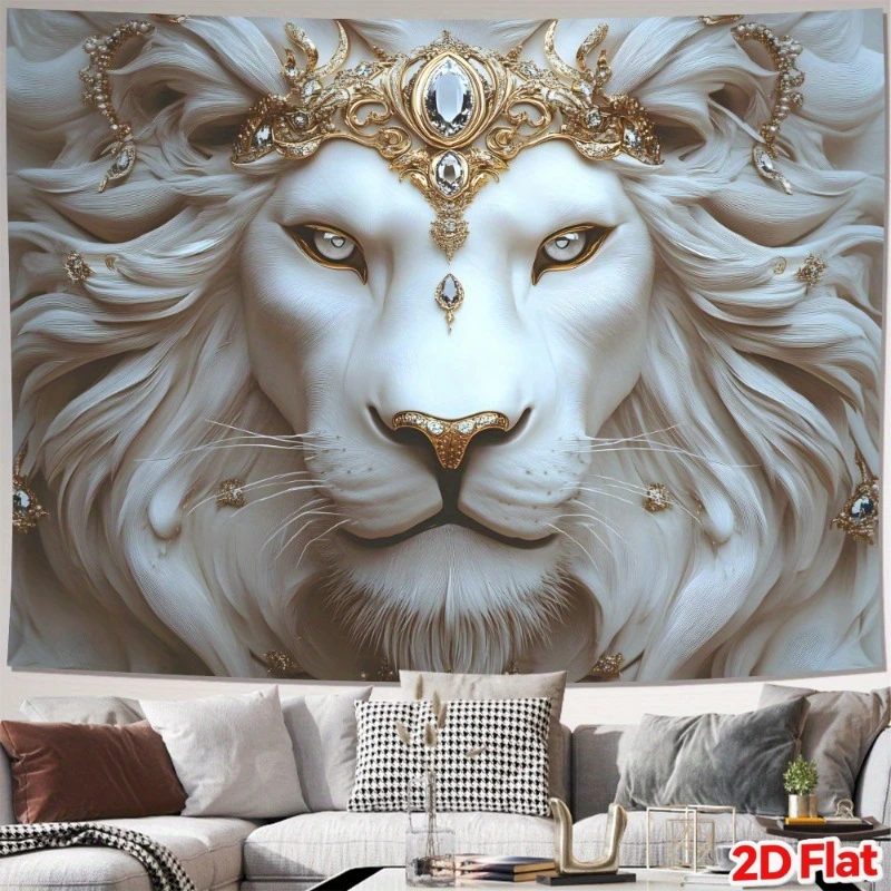 2D Flat, 1pc Large Luxury Golden Lion Head Tapestry - Extra Wide Horizontal Wall Hanging with Golden Lion & Lioness face for roy
