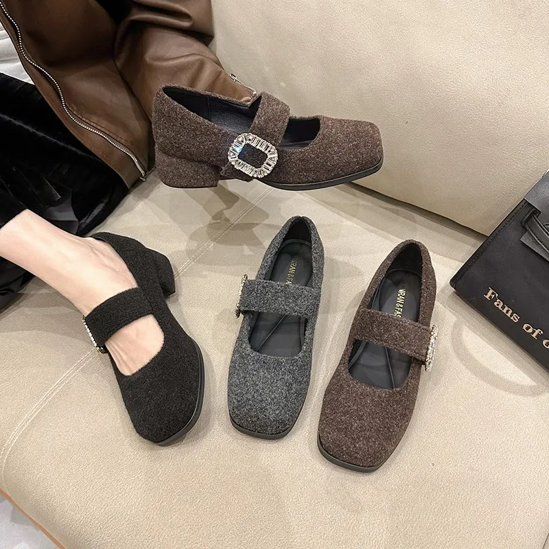 Tênis feminino de feltro mary janes sapatos dedo do pé quadrado ballet apartamentos nova moda fivela cinta sapatos femininos primavera outono zapatillas mujer