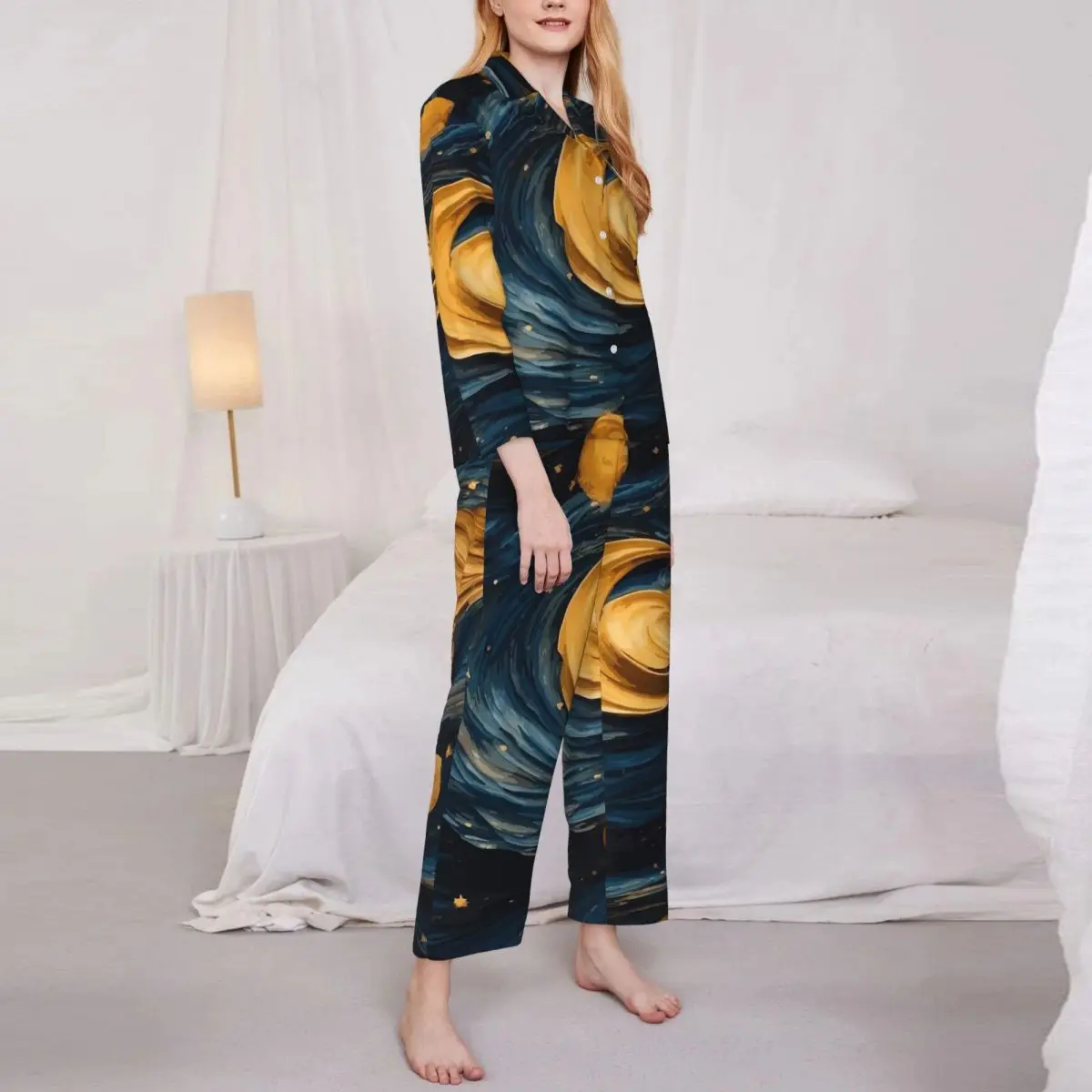 Van Gogh Art Pajamas Woman Kawaii Bedroom Sleepwear Autumn 2 Pieces Casual Oversize Design Home Suit