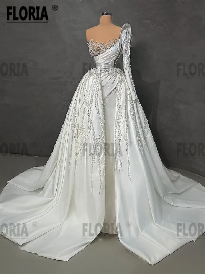 

Vestido De Noiva Elegant Pearls Crystal Mermaid Wedding Dress 2023 High End Dubai Overskirt Satin Bridal Gown African Woman Robe