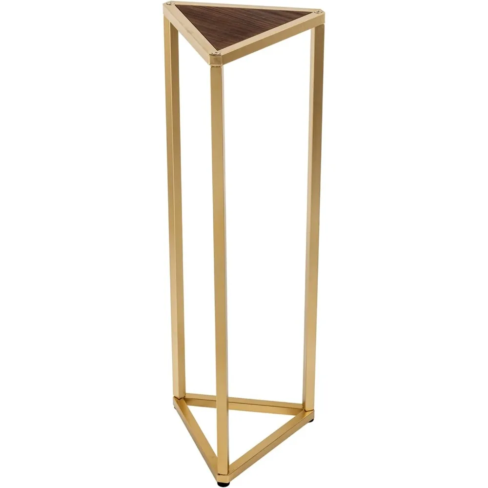 

MyGift 36 Inch Small Side Table, Triangular Plant Display Stand, Modern Gold Metal Frame and Brown Wood Flower Pot Vase Corner T