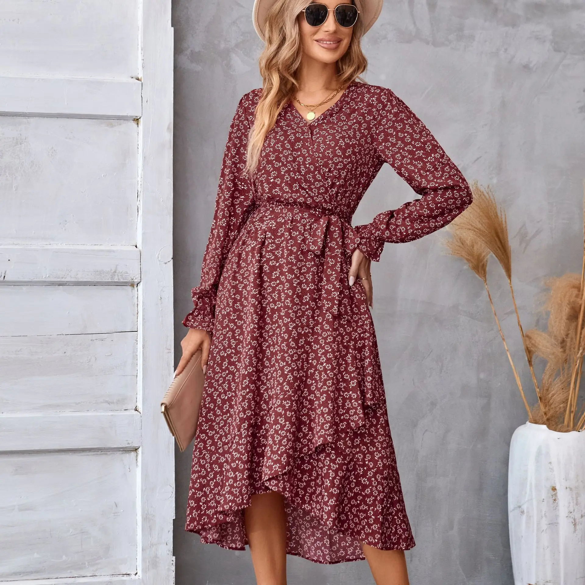 Casual bloemenprint dames zomer strand lange jurk sexy boho v-hals lente herfst winter elegante lange mouwen jurken vestido