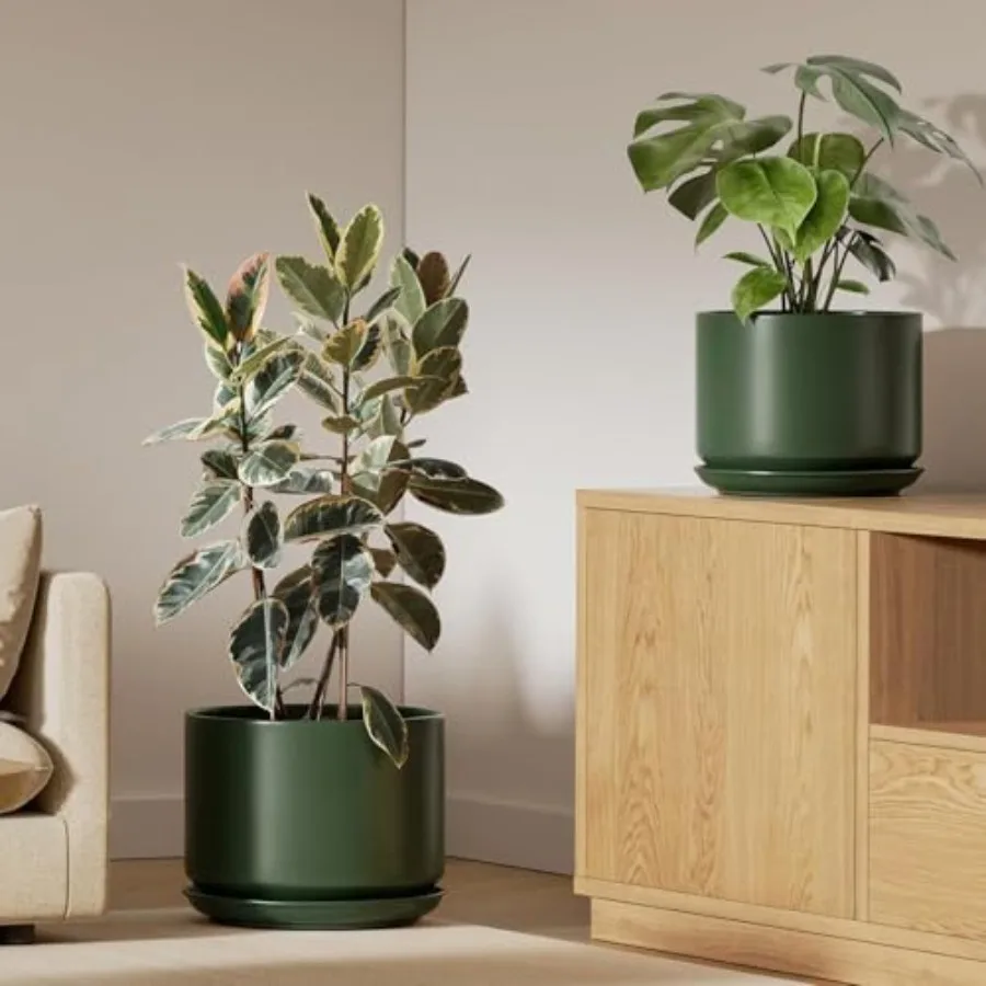 

Ceramic plant pots set of 2 for indoor plants forest green durable and stylish with drainage holes and saucers 10 + 12 inch