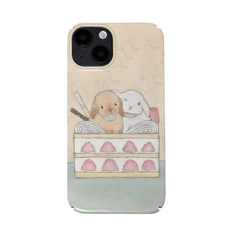 Healing Strawberry Puppy Rabbit Cartoon Phone Case for IPhone 14 13 ProMax 12 11 Pro 16 Plus Protection Ultra Thin Acrylic Cover