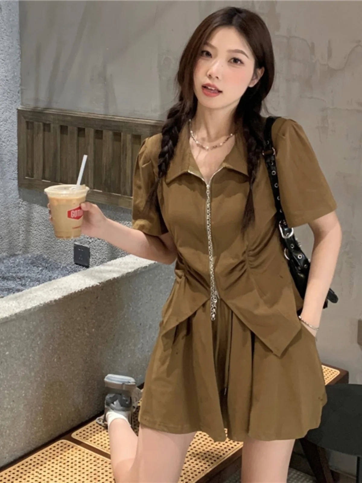 

plus Size Summer Outfit Youthful Casual Slimming Shorts Two Piece Set Women's Fashionable Neck Zipper Closure Short Sleeve