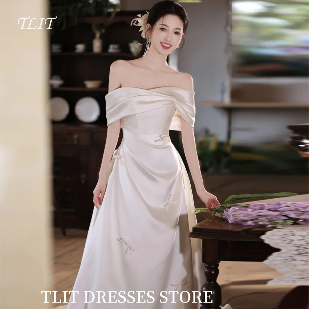 

TLIT Elegant White A-Line Draped Wedding Dress Off the Shoulder with Bow Prom Gowns Korea Bridal Dress Photos Shoot Customized