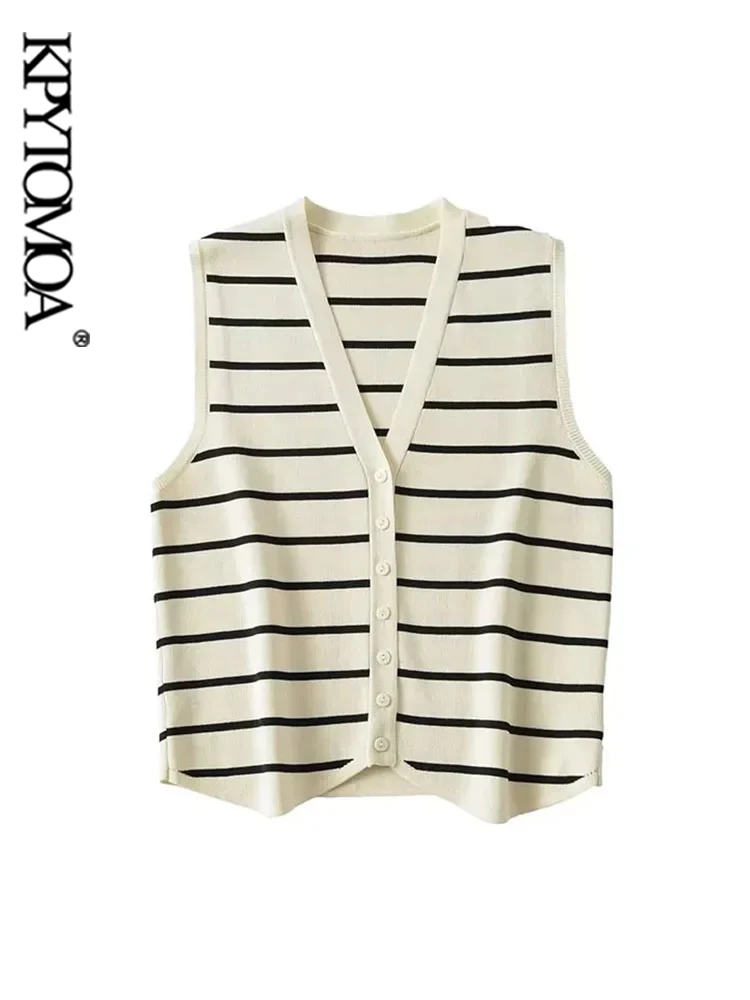 KPYTOMOA-Women\'s Front Button Striped Knit Vest Sweater, V Neck, Sleeveless, Female Waistcoat, Chic Tops, Fashion