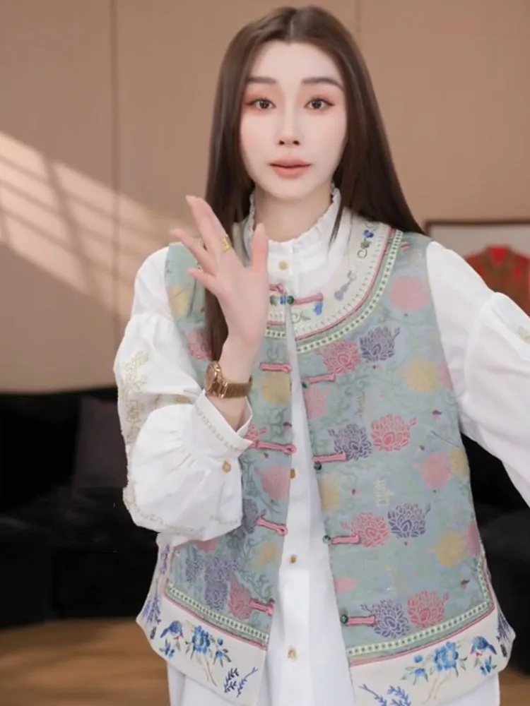 

New Chinese Sle Song Jin Embroidered Vest White irt Set Autumn New Tang Costume National Sle Unique Faion Top Women's...