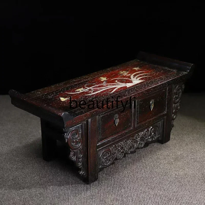 6239 Small Leaf Red Sandalwood Carved Table Case Incense Case with Drawer Side Table Altar Table Buddha Shrine Ornament