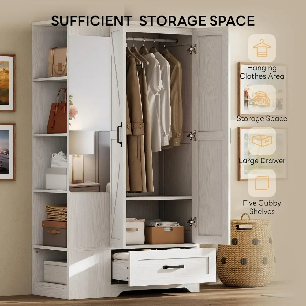 NEW-Armoire خزانة ملابس 70 بوصة، مساحة تخزين كبيرة مع مرآة، بابين، درج، أرفف، غرفة نوم حديثة خشبية قائمة بذاتها