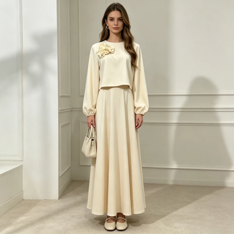 Eid Dubai Fashion Set 2 Piece woman Lantern Sleeve Top Shirt & Skirts Suits Musulman Ensembles Jalabiya Appliques women Sets