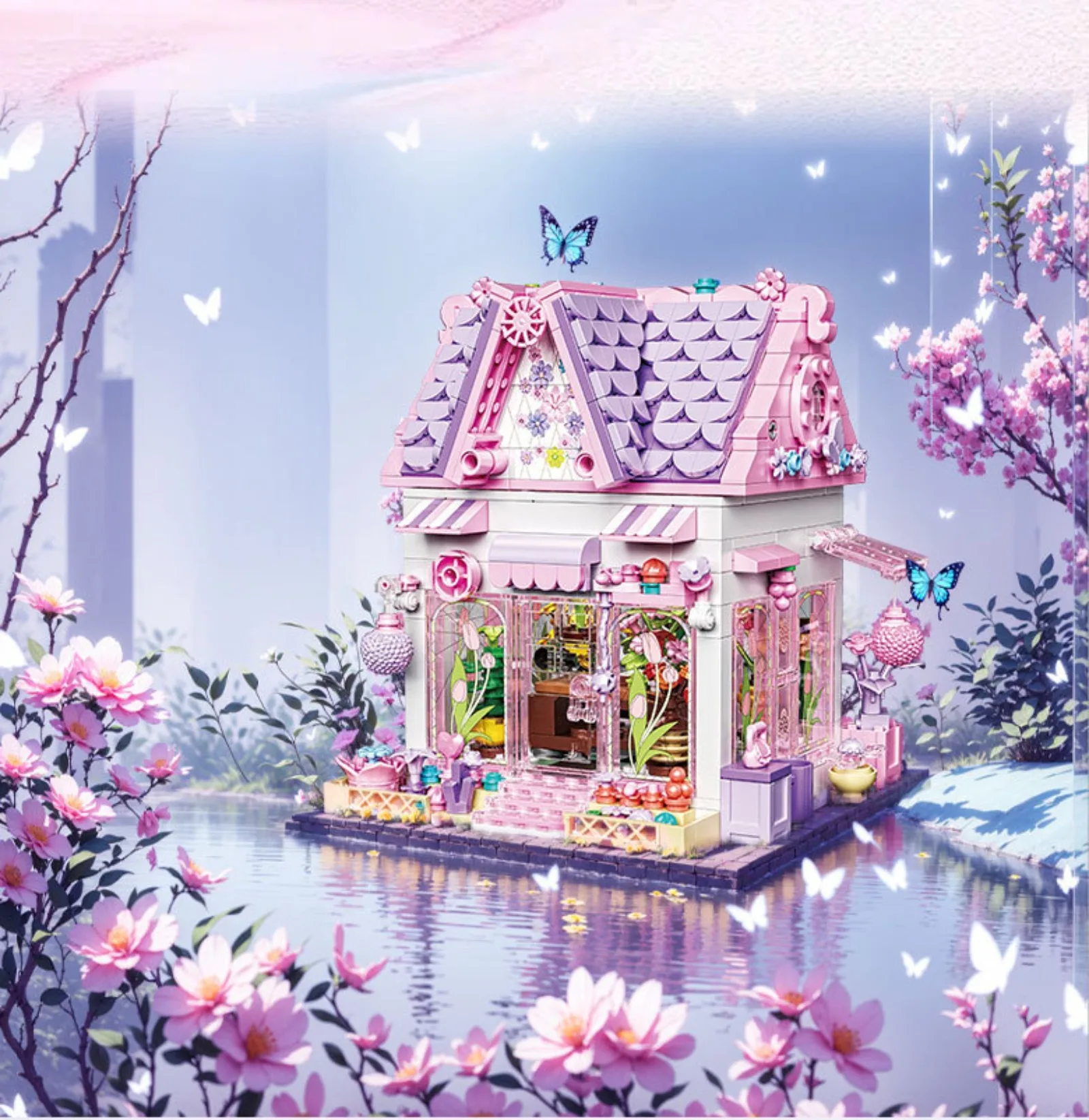 705 ชิ้นสีชมพูโรแมนติกดอกไม้ House Building Blocks ชุดสถาปัตยกรรม DIY ของเล่น