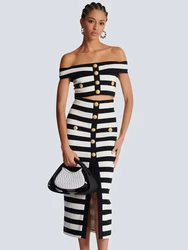 Women's Off Shoulder Striped Button Black White Bandage Skirt Set 2024 Celebrity Knitted Elegant Evening Club Party Clothing