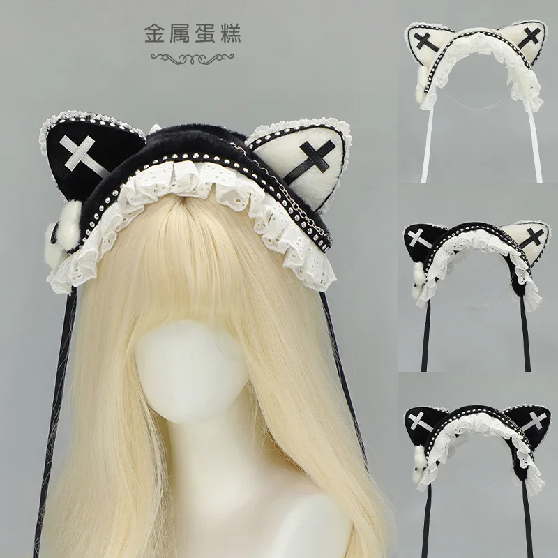 

Dark Gothic Rivet Cat Ear Headband Metal Cross Cat Girl Hair Accessories Subculture Punk Cat Ear Headgear