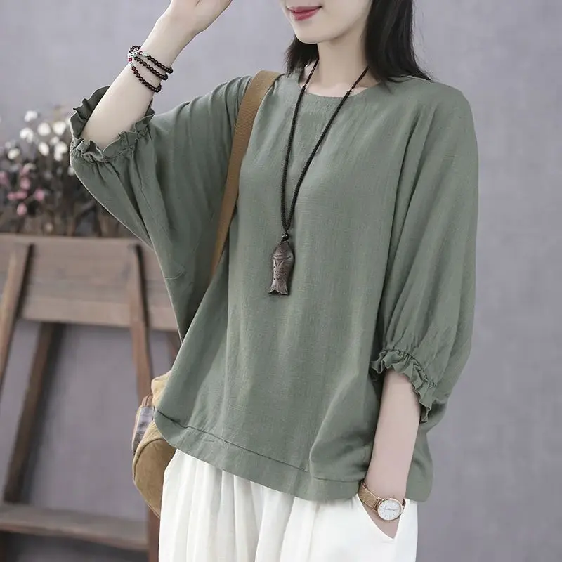 Summer Women's Round Neck Solid Shirring Folds Three Quarter Batwing Sleeve T-shirt Fashion Casual Plus Size Office Lady Tops