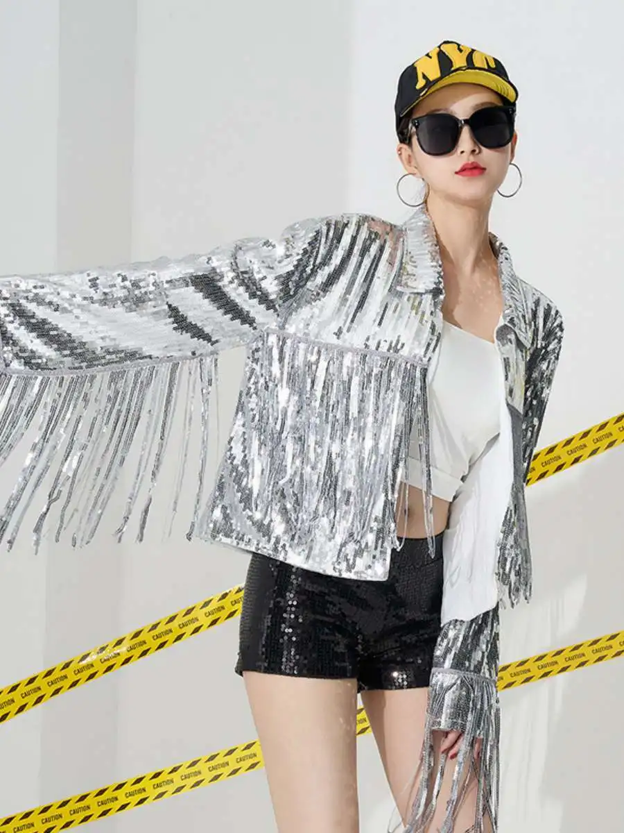 

Adult Sequin Tassel Open Cardigan ort Jaet Club Bar Stage Performance Outerwear Loose Fit Milk Silk Summer New Arrival