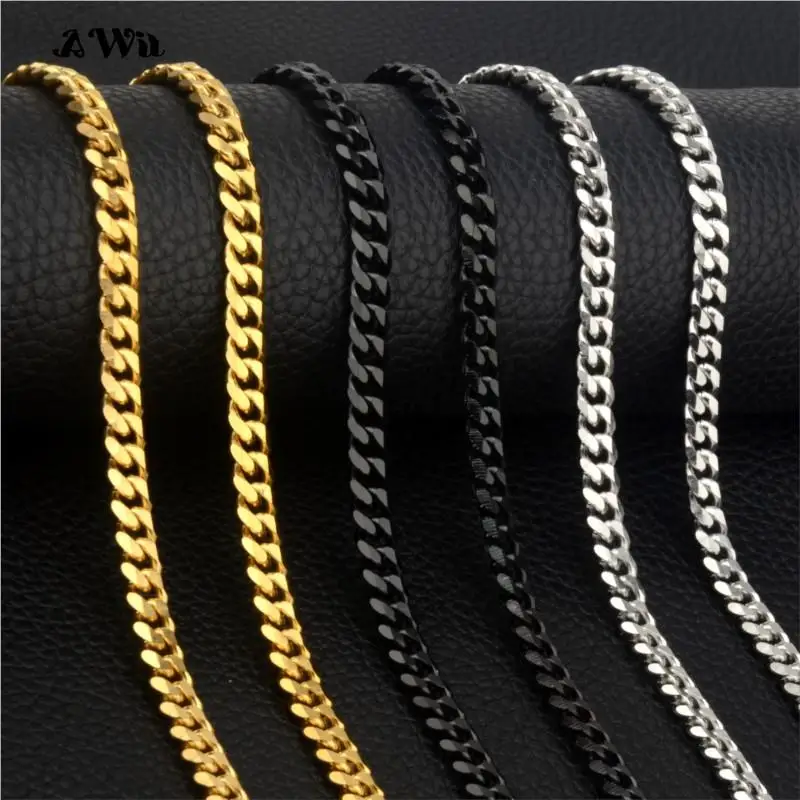 AWit Cuban Chain Necklace for Men Women, Basic Punk Stainless Steel Curb Link Chain Chokers,Vintage Gold Color Solid Metal Colla