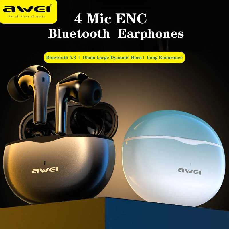 Awei T62 4 Mic ENC Earphones Bluetooth 5.3 Earbuds TWS Wireless Earbuds Headphones HiFi Music Sports Waterproof ENC Headset