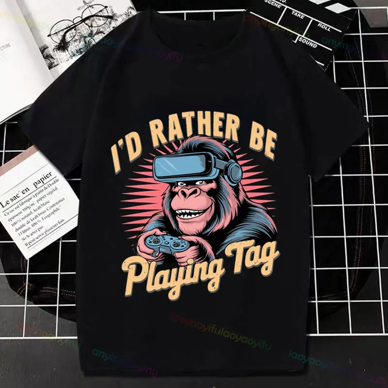 Funny Slogan I'd Rather Be Playing Tag Tshirts Cartoon Gorilla Playing Game T-shirt Pure Cotton Short-sleev Crewneck Streetwear