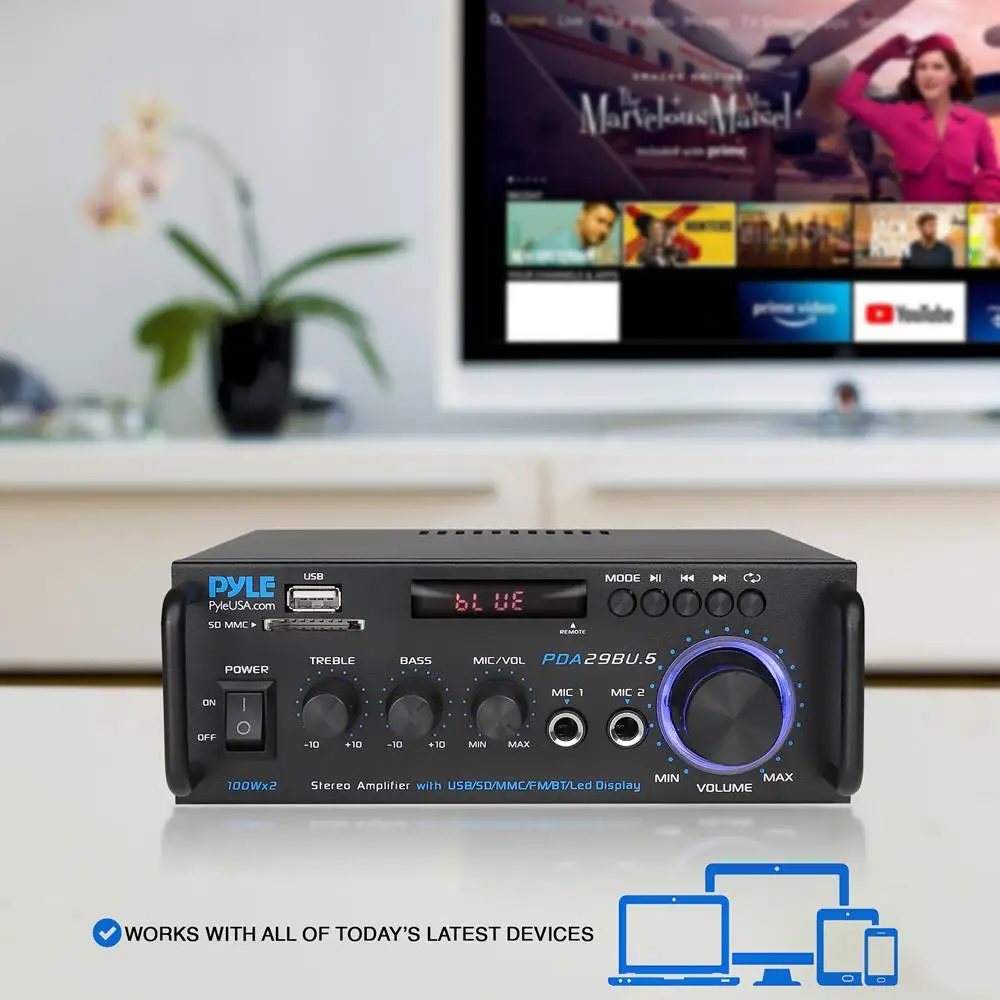 Wireless Dual-Channel Stereo Audio Amplifier with Bluetooth, USB/SD Inputs, RCA and MIC Ports, FM Tuner, LED Display